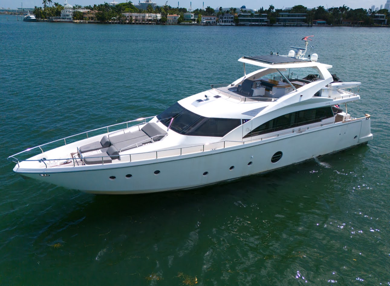 Aicon 75 Therapy full profile aerial Miami Bay private charter