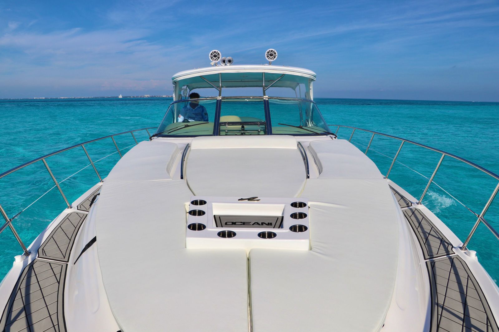 Sea Ray 440 bow deck turquoise Caribbean Cancun private charter
