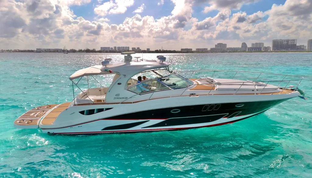 Aerial view of a Sea Ray 455 on the turquoise Caribbean off Cancún