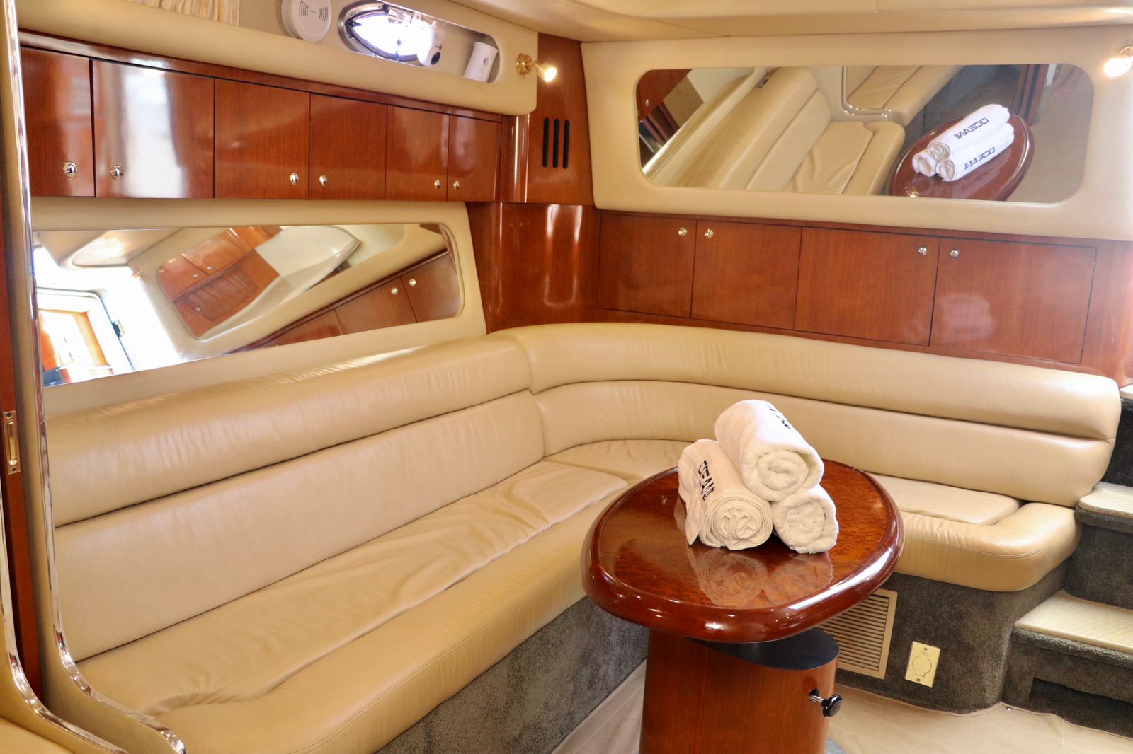 Sea Ray 455 luxury interior cabin lounge leather stateroom